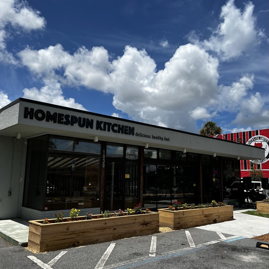 Homespun Kitchen Riverside from the outside looking at our sign